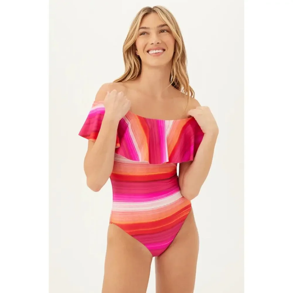 TRINA TURK Womens Solstice One Piece Swimsuit Size 10 Pink Off The Shoulder NWT
